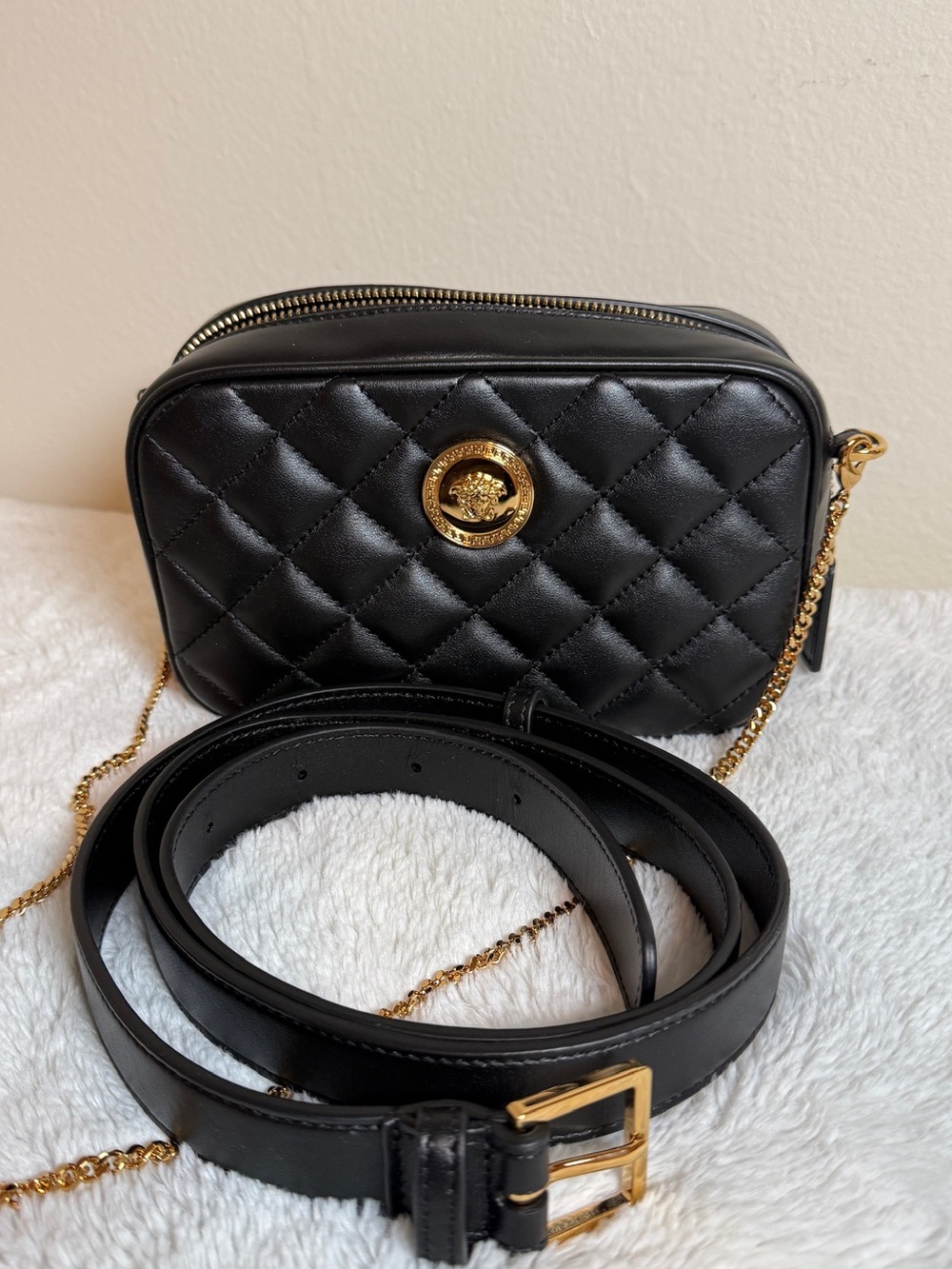 Versace Medusa Black Quilted Crossbody Bag/belt bag with Gold Hardware New